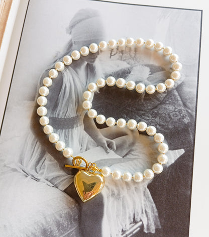 שרשרת פנינים לב זהב