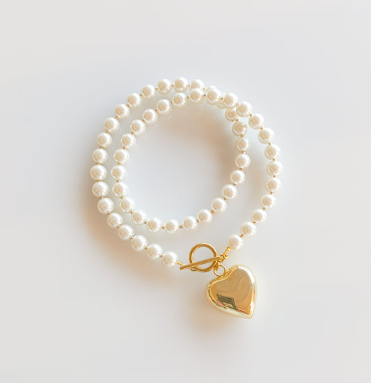 שרשרת פנינים לב זהב