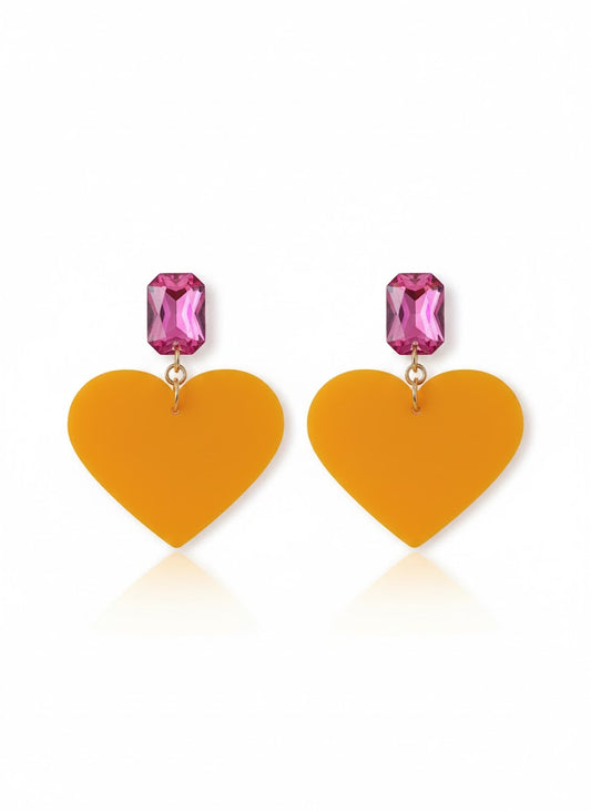 עגילים תלויים כפתור וורוד ולב צהוב גדול