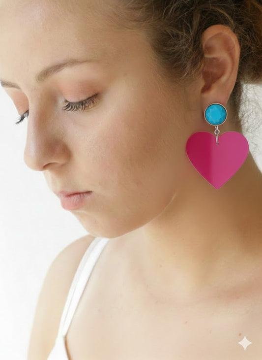 עגילים תלויים כפתור טורקיז אובל ולב וורוד פוקסיה גדול