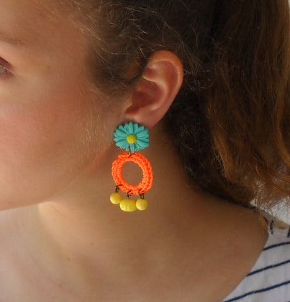 עגילי FLOWER POWER בטורקיז כתום צהוב