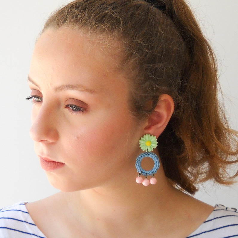 עגילי FLOWER POWER בירוק סלדין תכלת וורוד בייבי