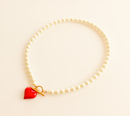 שרשרת פנינים לב אדום