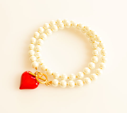 שרשרת פנינים לב אדום