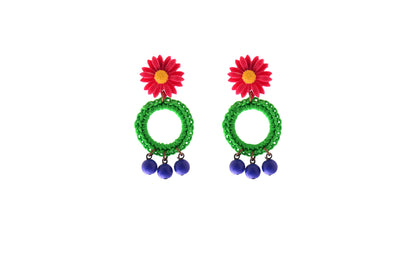 עגילי FLOWER POWER בפוקסיה ירוק כחול