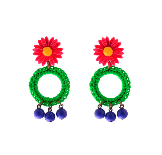 עגילי FLOWER POWER בפוקסיה ירוק כחול