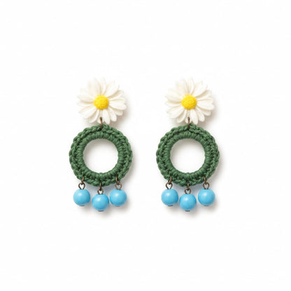 עגילי FLOWER POWER חרצית לבנה, ירוק ותכלת