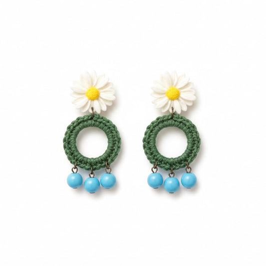 עגילי FLOWER POWER חרצית לבנה, ירוק ותכלת